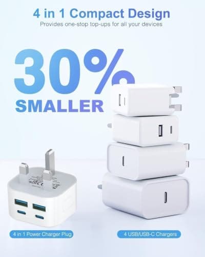 USB C Plug Fast Charges, 4Pack 40W 4-Port Multi USB Plug UK Dual Port PD Power Adapter +QC USBC Mains Wall Charger Head, Type C Fast Charging for iPhone 17/16/15/14/13/12 Pro Max Plus XS XR SE — view 5
