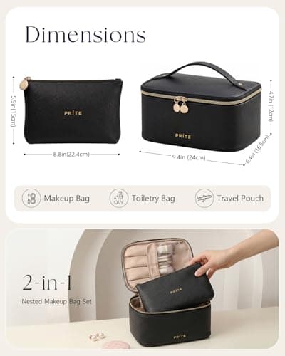 Prite Makeup Bag Toiletry Case for Women with Brush Holder, Black, 2Pcs Set — view 2