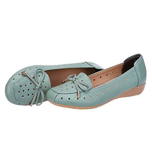Jamron Women Genuine Leather Comfort Shoes Soft Sole Ballerinas Low Wedge Heel Slippers Hollowed Out Turquoise SN020628-2 UK6 — view 6
