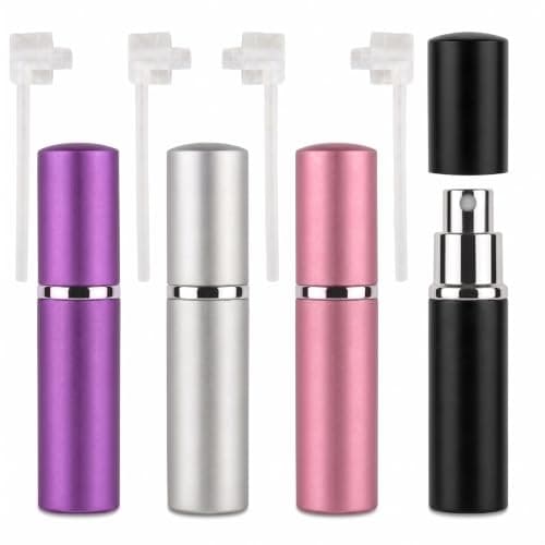 rietegio 10ML Perfume Atomiser 4Pcs Refillable Travel Spray Bottle Portable Empty Perfume Dispenser Mini Atomizer for Purse, Handbag, Pocket and Luggage (Black Silver Pink Purple)