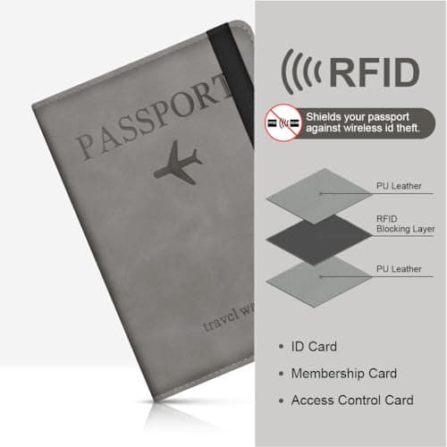AOOSU Passport Holder Cover, PU Leather Passport Cover with RFID Blocking Travel Wallet, Portable Universal Travel Wallet Case Organiser for Money, Boarding Passes, Credit Cards Gray — view 5