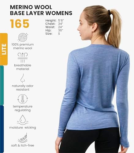 100% Merino Wool Base Layer Womens - Long Sleeve Thermal Shirts + Socks (Medium, 165 Deep Blue) — view 2