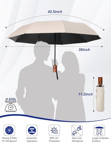 SoulRain Strong Windproof Travel Umbrella with Wooden Handle, Automatic Open Close Compact Folding for Rain & Sun UV Protection, Lightweight Durable Portable for Car, Backpack, Women & Men(Beige) — view 2