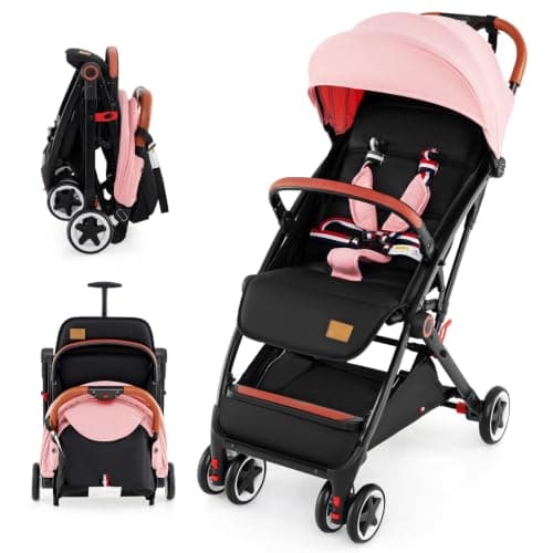 Foldable Baby Stroller, Lightweight Toddler Travel Pushchair for Airplane, Compact Infant Buggy with 5-Point Harness, Adjustable Backrest Footrest Canopy, Storage Basket (Coral Pink)