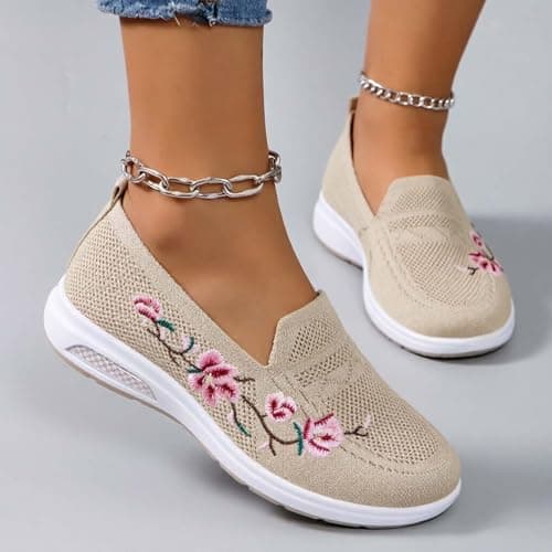 Slip On Shoes Women Embroidered Orthopedic Walking Shoes Breathable Mesh Sneakers Slip-On Lightweight Work Mom Shoe,for Outdoor Walking Traveling Hiking Size 3-11 Khaki — view 2