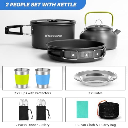 Odoland Camping Cookware Set, Non Stick Pot Pan Kettle Set with Stainless Steel Cups Plates Forks Knives Spoons for Outdoor Cooking and Picnic - Camping Cutlery Set Suit 2 People — view 2