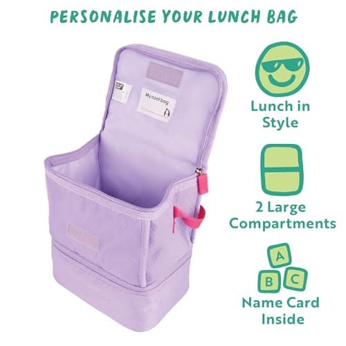 Polar Gear 2 Compartment Washshable Lunch Bag in Lavender. Fully Insulated to Keep Food Cooler for Longer. Personalise Your Lunch Bag with the Name Card Inside the Bag — view 5