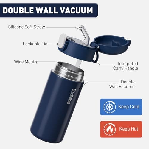 Exllena 300ml Small Water Bottle with One-Touch Soft Straw Lid, Double-Wall Vacuum Insulated Small Flask for Hot&Cold Drinks–Leak-Proof, Mini Water Bottle for Handbag, Yoga, Sport (Dark Blue) — view 3