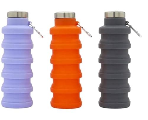 CS Beauty Let's Travel Collapsible Water Bottle, 500ml, Silicone Travel Bottle with Carabiner,Foldable Design, Hiking - Camping - Available in Colours Grey, Purple, Orange - (Colour Chosen at Random) — view 3