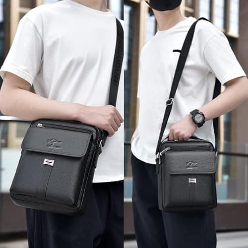 Men's Genuine Leather Shoulder Bag, Retro Crossbody Messenger Bag, Casual Travel Satchel with Adjustable Strap, Business Daily Use for Phone Wallet Keys Passport (Black) — view 2