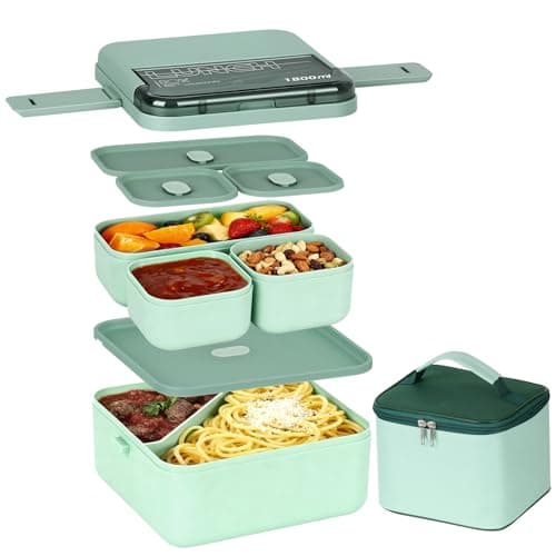 Esilihom Lunch Box, 1800ML Bento Box with Compartments, Stackable 2 Layer Reusable Meal Prep Containers with Thermal Bag & Cutlery for Adults & Kids - Office, School, Travel (Green)