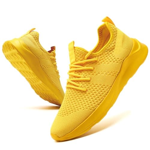 DLWKIPV Men's Trainers Lightweight Breathable Slip-On Sneakers with Anti-Slip Sole and Cushioned Casual Outdoor Sports Fashion Jogging Shoes for Running Walking Tennis Yellow UK Size 8
