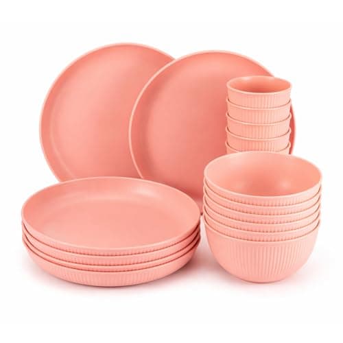 GREENSAPPIRE 18Pcs Plates and Bowls Set Camping Plates Unbreakable Dinner Set for 6 -Platess and Bowls Set for Home Picnic Lightweight Microwave Dishwasher(Pink)