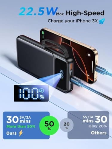 Power Bank 10000mAh, 22.5W Fast Charging Portable Charger Built-in 4 Cables — view 3