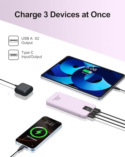 Odetrik Portable Charger 10000mAh 22.5W Power Bank, Fast Charging External Battery Pack with 3 Outputs & 2 Input, Type-C In/Out, LCD Display Portable Phone Charger for Smartphone, Tablets (Purple) — view 3