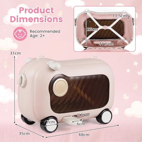 COSTWAY Kids Ride-on Luggage, 2-in-1 Children Suitcase (Pink+Brown) — view 5