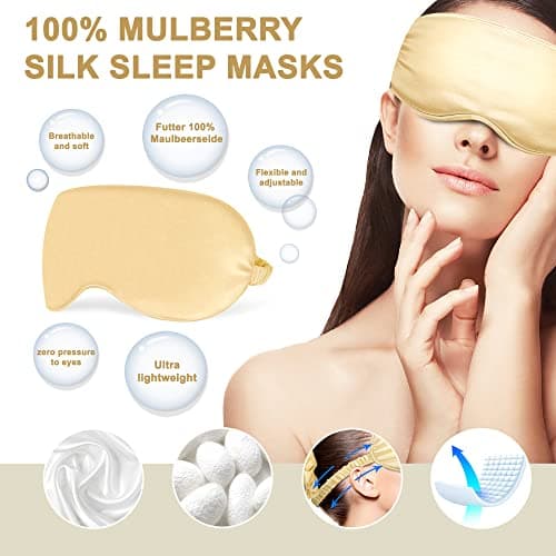 Sleep Masks Silk Sleep Eye Mask Travel Set Soft Sleeping Eye Mask with Hair Scrunchie Head Band and Travel Pouch for Girls Ladies 4 Pcs Gold — view 3
