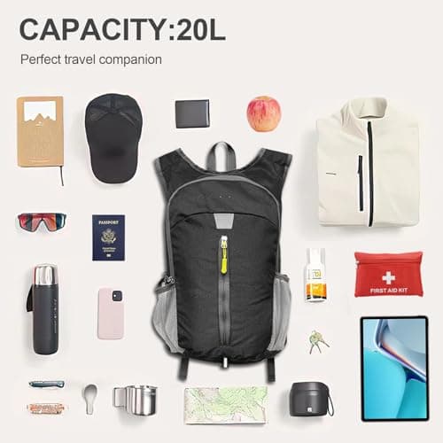 YASIMIA 15L Lightweight Hiking Backpack Foldable Small Travel Backpack, Charcoal, 20L US, Travel Backpacks — view 6
