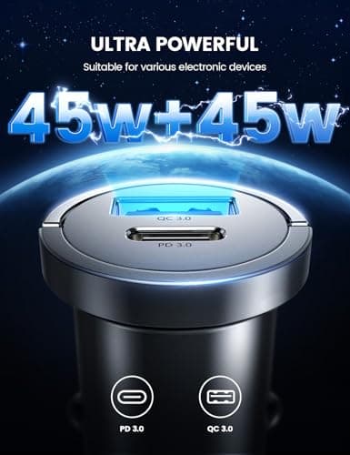 Lamicall 45 W Cigarette Lighter USB C Car Charger - [Super Mini All Metal] 24 V/12 V USB Adapter Car with 45 W USB C & USB A Quick Charger, PD & QC3.0 Car Charger for iPhone 17/16/15, Samsung — view 2