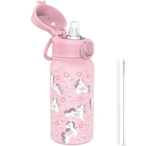 GOPPUS 350ml/12oz Kids Stainless Steel Water Bottle with Straw Toddler Drinks Bottle with Handle Small Insulated Bottles for Girls School Cold Metal Flask with Flip Top Lid BPA Free (Pink Unicorn)