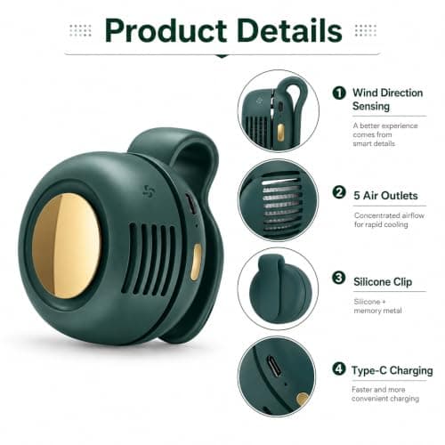 XPJBKC Clip on Fan for Clothes, Small Portable with 3 Speeds, Green | Clip On Mini Bladeless Fan, Rechargeable Hands Free, Whirlwind Clip Waist Neck Fan, for Outdoor Travel Office Household — view 2
