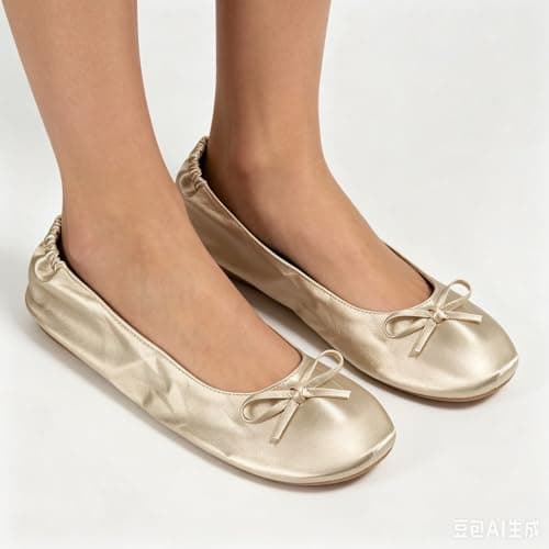 Ballet Shoes for Girls, Women Foldable Bow Ballerina Flats, Gold Metallic-Look Upper with Front Bow, Round Toe, Slip on Opening, Comfortable Soft Sole Footwear for Travel, Events and (Rose Gold, S) — view 2