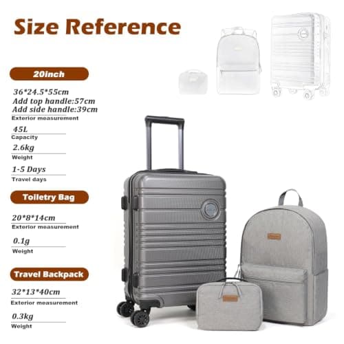 Aklsvion 20 Inch Suitcase Set PC Hard Shell Luggage Hand Luggage Travel Trolley Case Cabin Bag Sets 3 Piece Luggage Sets with Travel Backpack and Toiletry Bag for Short Travel (Grey) — view 2