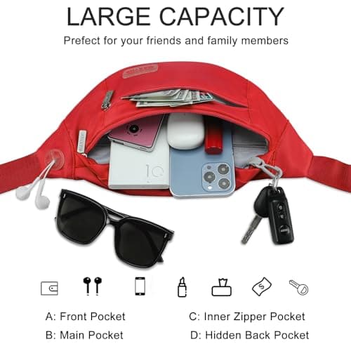 MAXTOP Large Bumbag Waist Fanny Pack Running Belt for Men Women Unisex Bum Bag with Headphone Jack and 4-Zipper Pockets Adjustable Belt for Travel Running Jogging Workout Hiking Gifts Red — view 3