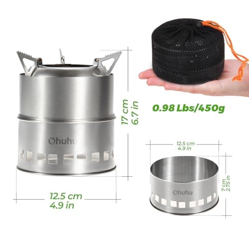 Ohuhu Rocket Stainless Steel Lightweight Camping Stove - Wood Alcohol Portable Outdoor Cooking Picnic BBQ Hiking with Mesh Bag — view 3