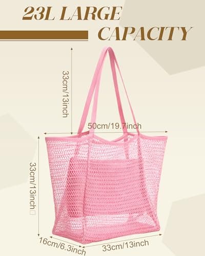 Cunno 6 Pieces Mesh Beach Tote Bag for Women Summer Waterproof Sandproof Shoulder Bag for Travel Vacation Shopping Picnic, Pink, 19.7" x 13" x 6.3", Casual — view 3