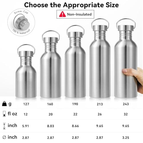 Volhoply 680ml Uninsulated Single Walled Water Bottle, Stainless Steel Reusable Water Bottles with Handle, BPA Free & Plastic Free 18/8 304 Metal Water Bottles for Camping, Hikers, Cyclists — view 2