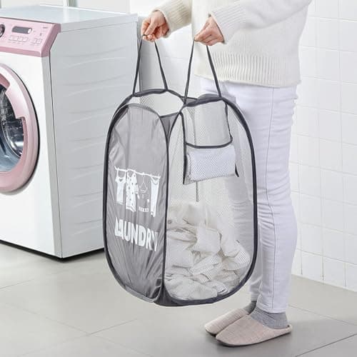 Laundry Basket, Pack Foldable Laundry Hamper Pop Up with Durable Handles, Portable Mesh Washing Laundry Bag with Handle Great for Home Kids Room College Dorm Travel（Black） — view 5
