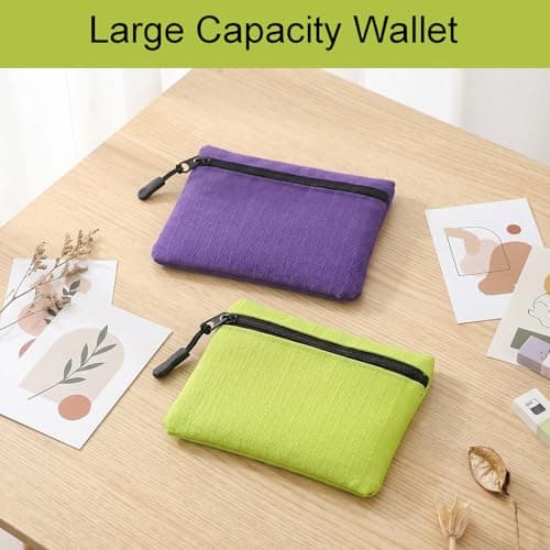 2 Pack Coin Purse Pouch Small Purses Coin Wallets for Men Women Money Pouch Oxford Cloth Mini Purse with Zipper for Women Men Daily Travel Shopping and Outdoor Activities (Green + Purple) — view 6