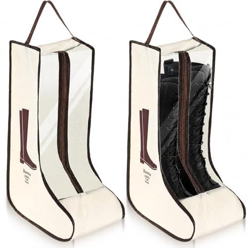 Long Boot Storage Bag, Cream, Clear Viewing Panel, Zip Opening, 1 Pair | Tall Enclosed Format, Bound Edges, Top Carry Handle, for Organising Footwear in Wardrobes and Carrying During Travel