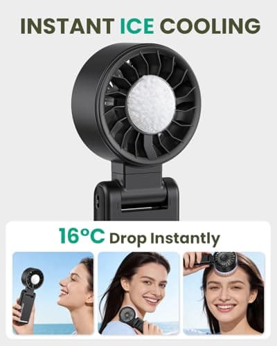 Joneytech Portable Hand held Fans with Ice Cooler, Turbo hand Fan with High Speed and Rechargeable Battery, Foldable/Neck/Mini Desk Fan with Clip, 12 Hrs Cooling Fan Holiday Travel Essentials（Black） — view 3