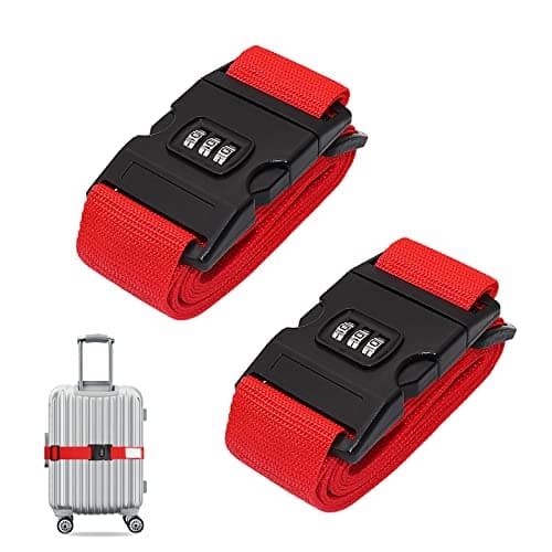 Luggage Strap, 2pcs Suitcase Straps with Password Lock Information Card, Adjustable Travel Packing Accessories Suitcase Belts with Buckle (Red, 2 PCS Set)