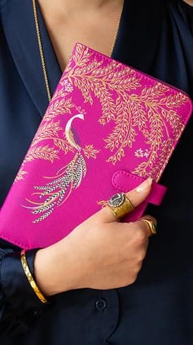 Sara Miller Anniversary Travel Wallet, Pink Peacock Design with Gold Embroidery, Card Slots and Zip Pocket — view 5