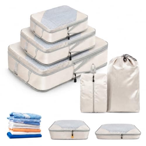 MOLICRAIN Compression Packing Cubes for Suitcase, 5 PCS Ultralight Travel Organiser Packing Bags, Extensible Luggage Organiser, Suitcase Organizer, Packing Cubes for Cabin Luggage(Beige)