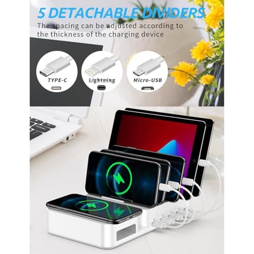 USB Multi-Port Charger, 60W 5-Port + Wireless Charging Stand, with 5 Stands, Suitable for iOS and Android Systems,Pink — view 6