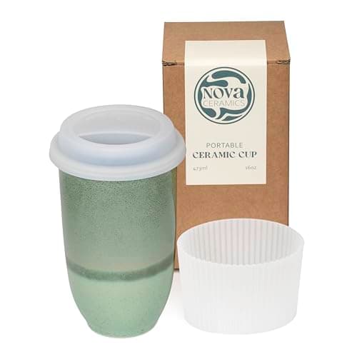 NOVA CERAMICS Travel Mug On The Go Coffee Tumbler Microwave & Dishwasher Safe Green Tumbler - Gifts for Women Men Him Her 475ml Emerald