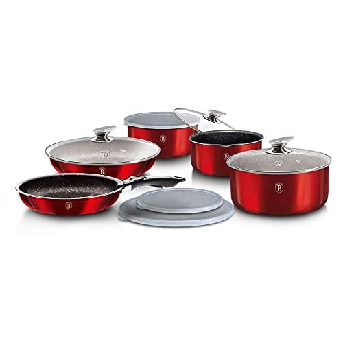12 Pcs Colorful Space Saving Cookware Frying Pan Sauce Pan Casserole Pot Set Induction Lid Handles (Red)