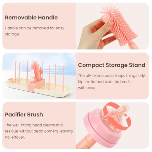 Vicloon 6 in 1 Baby Bottle Brush Set, Travel Bottle Cleaner Kit with Silicone Bottle/Nipple/Straw Brush, Soap Dispenser, and Drying Rack, Baby Travel Essentials (Pink) — view 4
