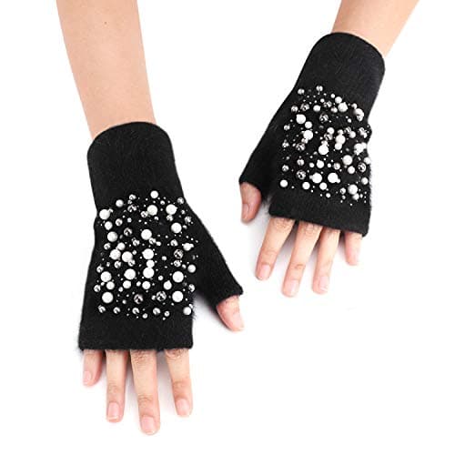 Women Ladies Beads Knitted Gloves Winter Warm Short School Writing Reading Travel Cycling Fingerless Gloves