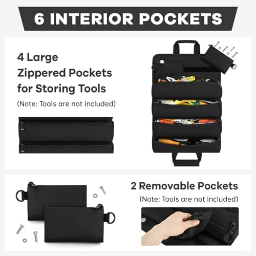 LASUK Heavy Duty Tool Roll Bag 52×33 CM with Magnetic Wristband, Black — view 3