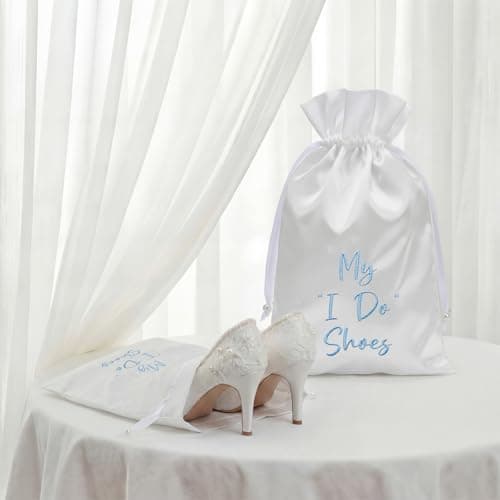 Wesnoy Bride Shoe Bag 11" x 9" Satin Wedding Shoe Storage Pouch with Drawstring Bridal Shower Gifts for Engagement Honeymoon — view 2