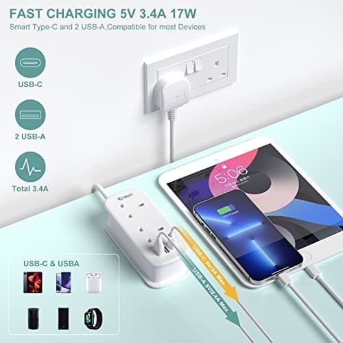 Unidapt Socket Extension Lead, USB C & A, White, 1.5M Rollable Cord — view 6