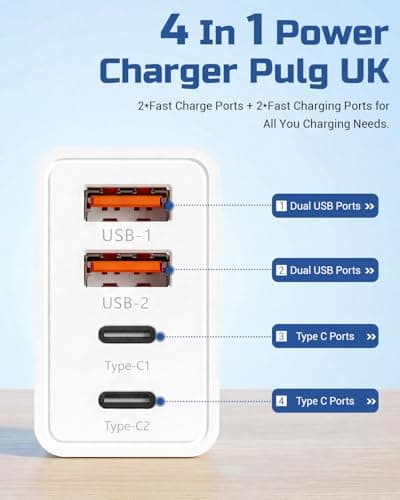 40W EU Travel Charger, European Plug Adaptor with 2 USB C Ports and 2 USB A Ports, Fast Charging UK to Europe Mains Adaptor for iPhone Samsung Smartphones 2PC — view 4
