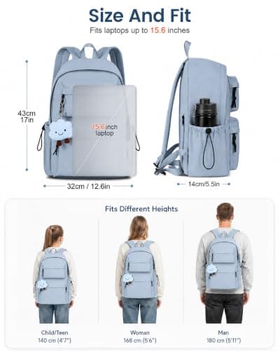 FIORETTO Backpack Womens School Bag Girls Boys, Lightweight Water-Resistant Fits 15.6” Laptop Large Capacity Rucksack with Anti-Theft Pocket, Ideal for School College Commuting Travel Dusty Blue — view 6