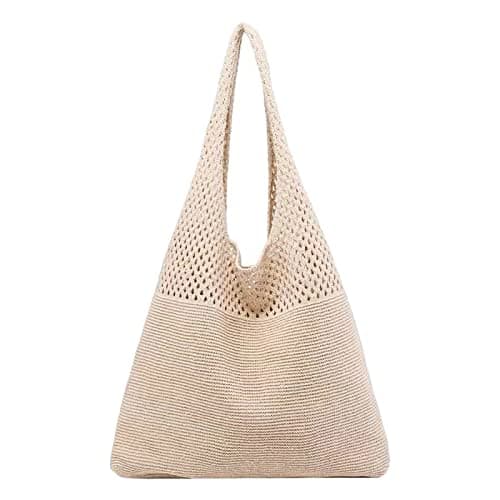 Women Knitted Handbags, Retro Hollow Woven Shoulder Bags, Boho Shoulder Bag, Crochet Mesh Tote Bag, Beach Bag for Women, Travel Shopping Handbag for Holiday, Daily Work, Shopping, Travel Beige