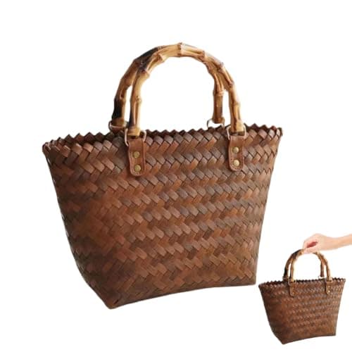 Alasum Straw Tote Bag for Women, Woven Beach Bag with Bamboo Handle, Coffee